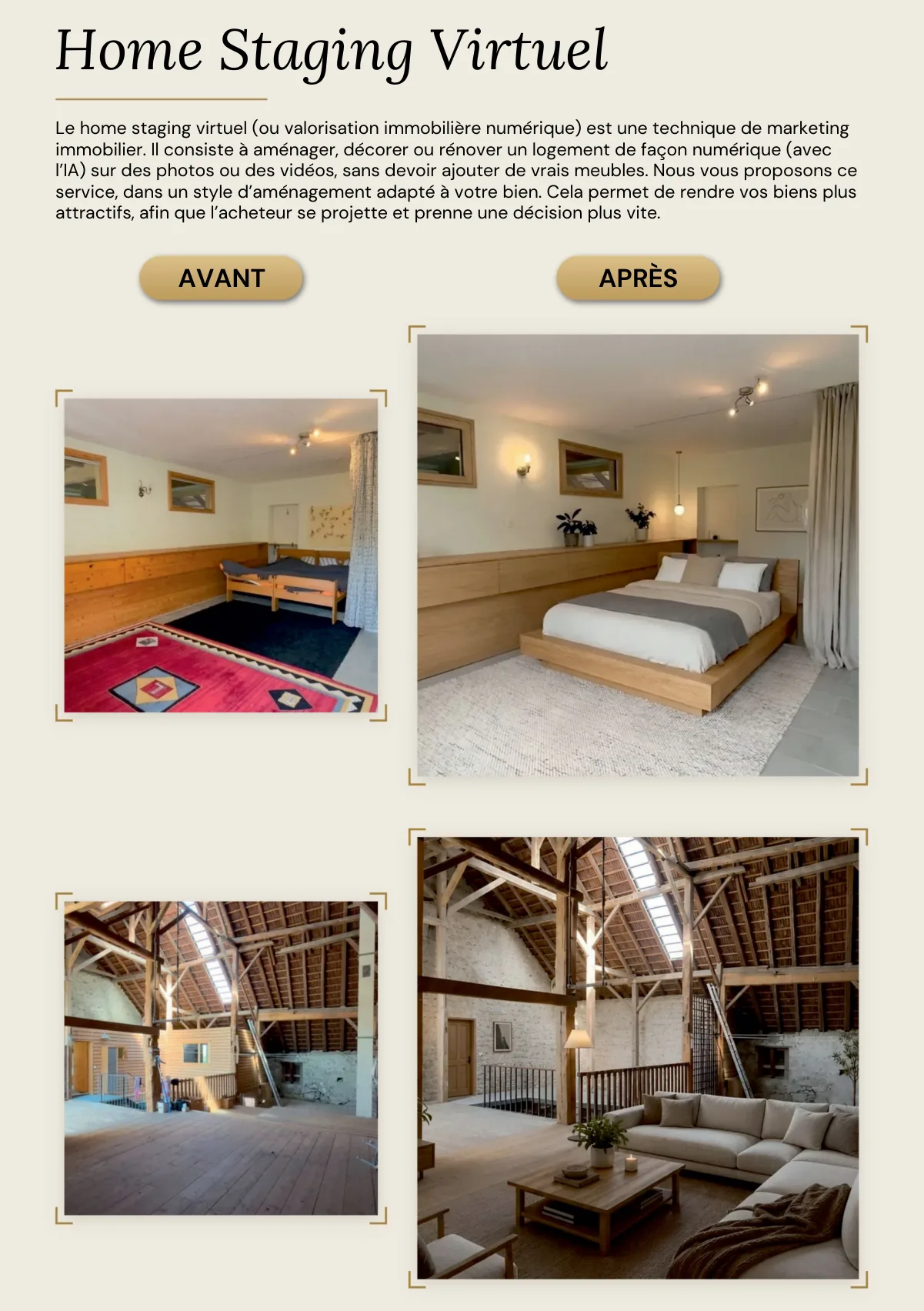 Brochure Memaura Studio 2026, page 3 : Home staging virtuel, avant et après