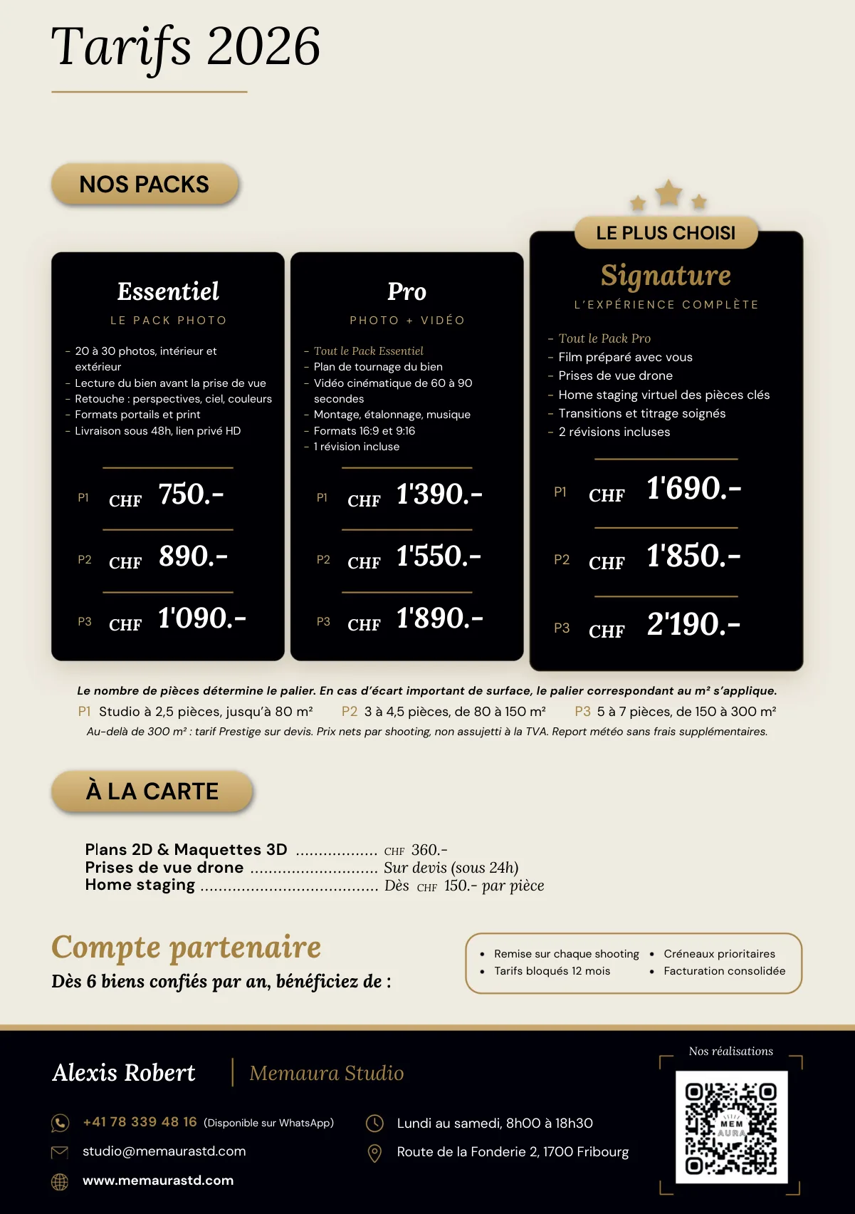 Brochure Memaura Studio 2026, page 4 : Tarifs 2026, packs, Compte partenaire et contact