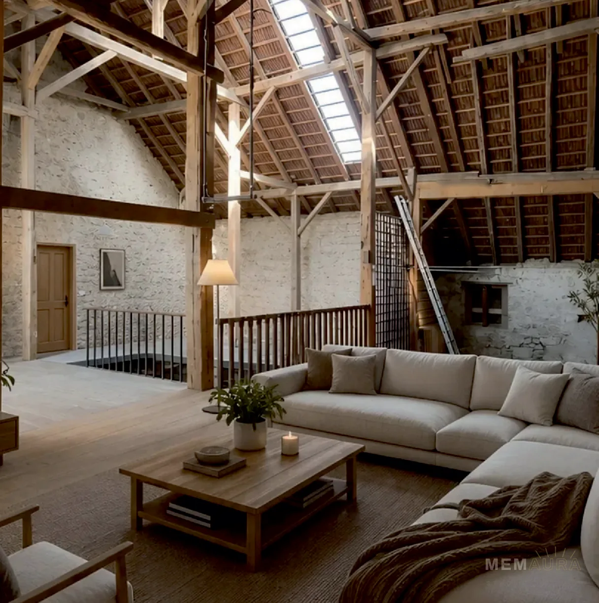 Grange meublée en séjour, home staging virtuel